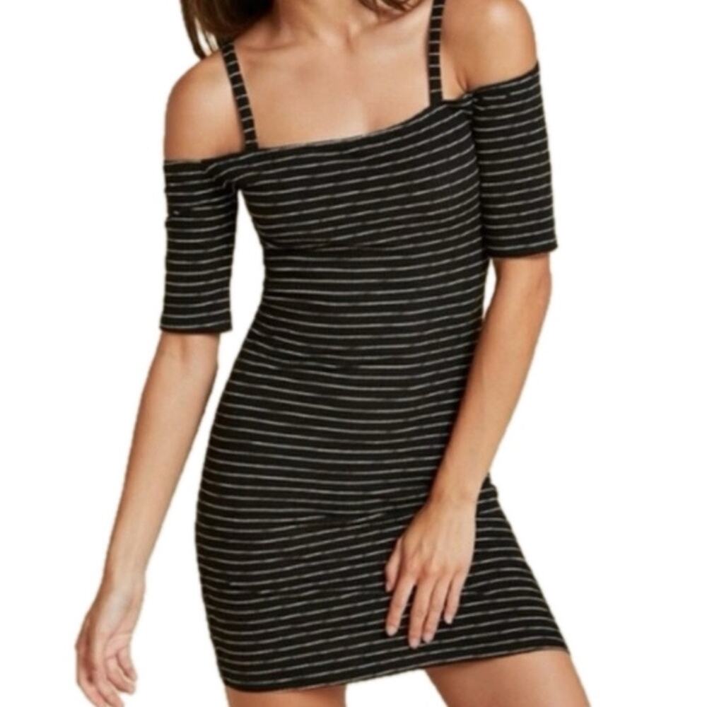 Reformation Women Black White Striped Cold Shoulder Bodycon Dress Sz XS Mod Chic